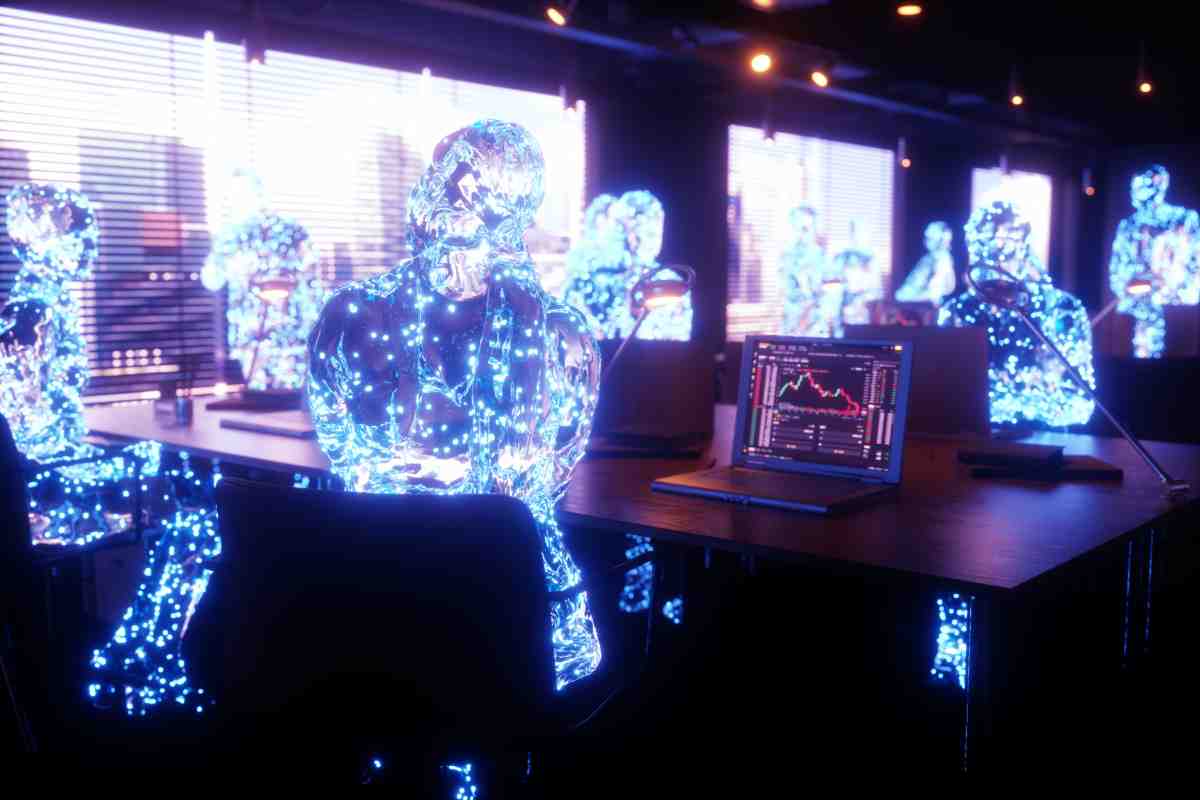 concetto di ambiente nel Metaverso con avatar che interagiscono con i siti WordPress tramite un laptop