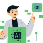 disegno di un uomo con camice e simboli di IA