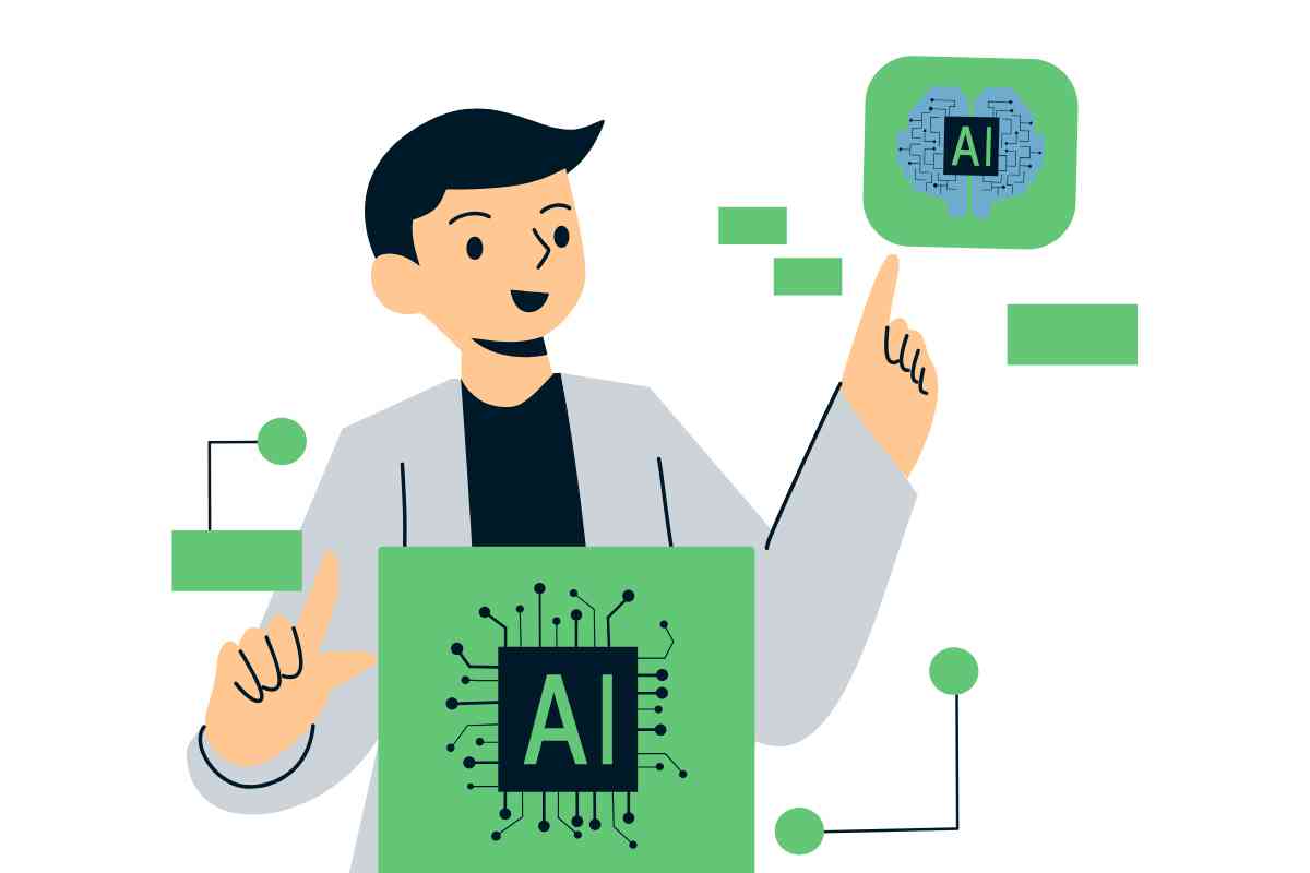 disegno di un uomo con camice e simboli di IA