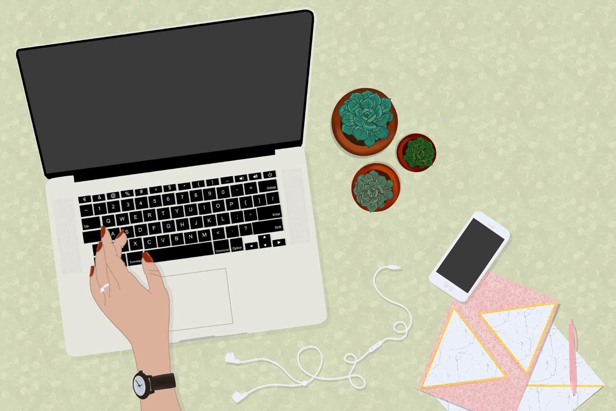 Disegno laptop su scrivania con smartphone