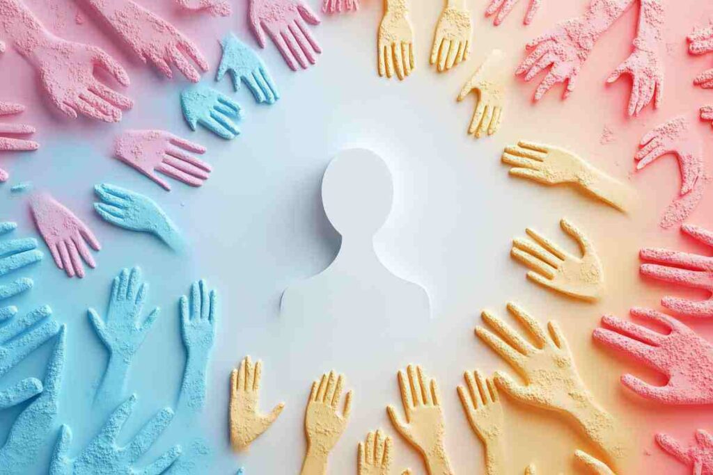 ritagli di carta che formano una persona e delle mani colorate