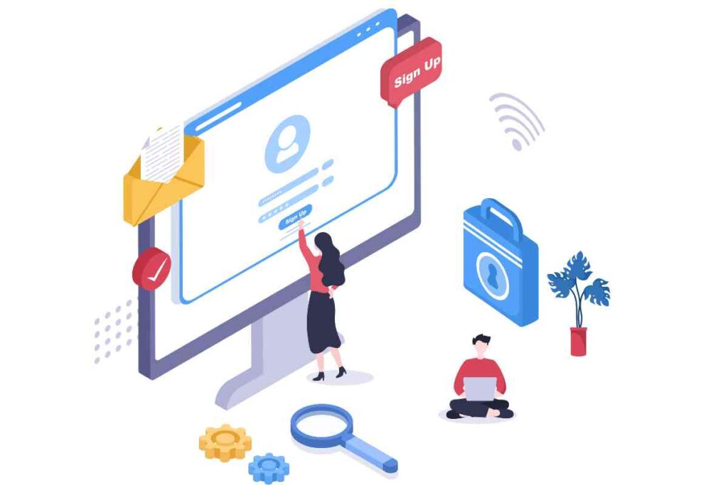 persone disegnate che usano un sito web enorme