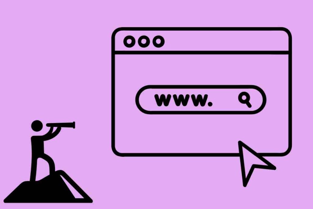 omino stipizzato con il cannocchiale che guarda verso un sito web stilizzato