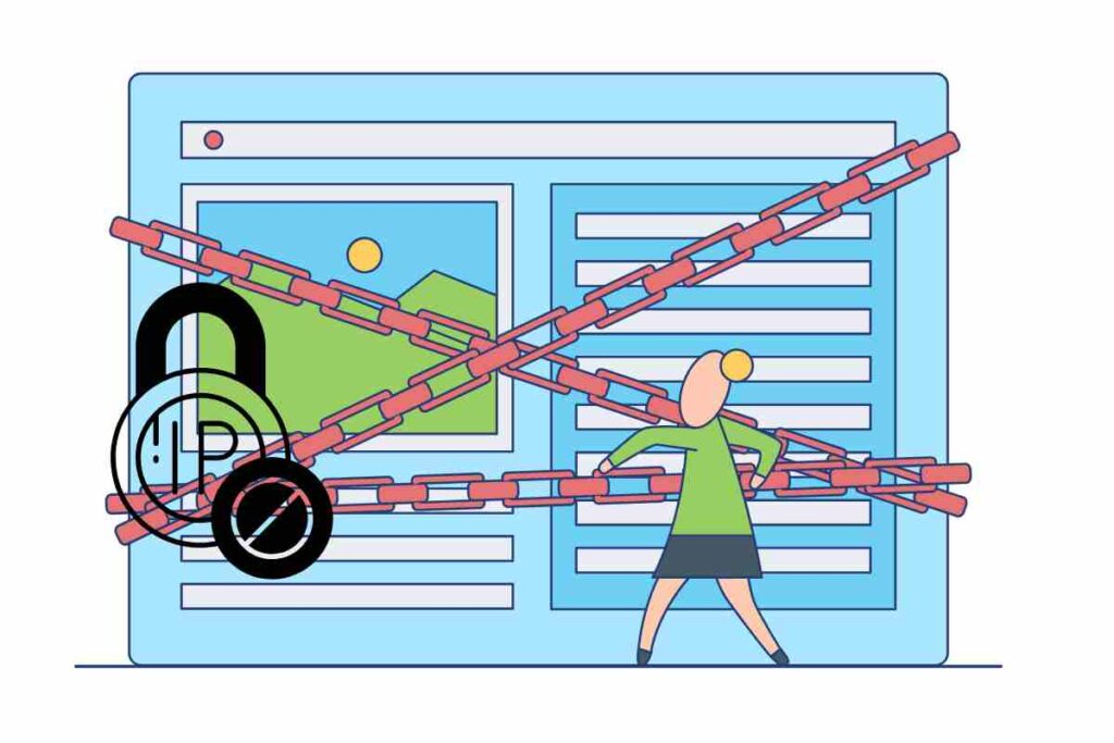 illustrazione di donna che guarda sito con catene e lucchetto per blocco geografico