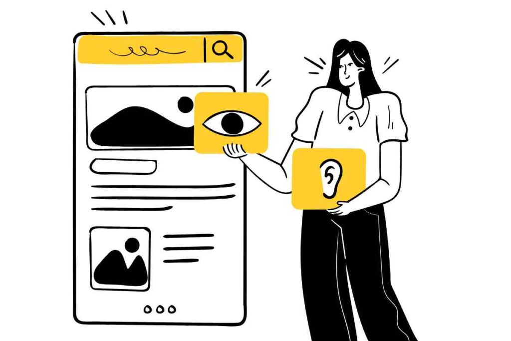 donna con icone di disabilità che usa un sito web per parlare di come l'accessibilità influenza il ranking