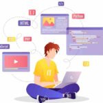 disegno di un programmatore seduto a gambe incrociate per parlare di Il preventivo perfetto per un sito web: cosa deve includere (e cosa no)