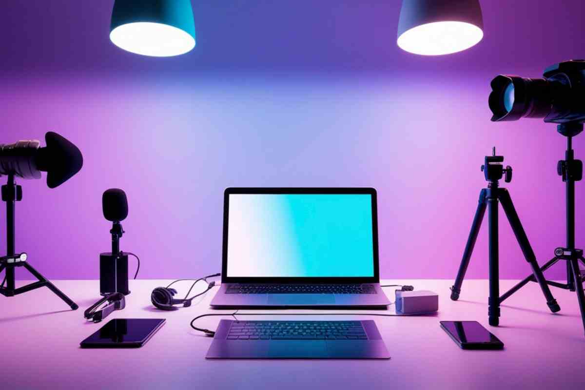 studio di editing video con strumenti e pc portatile