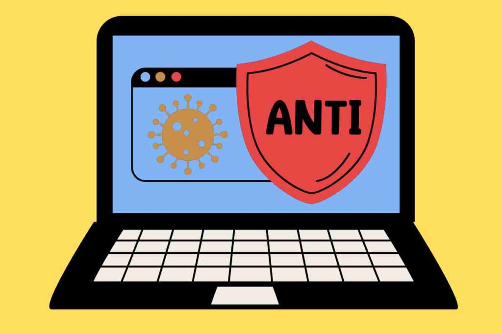 illustrazione che mostra un pc con scudo e malware