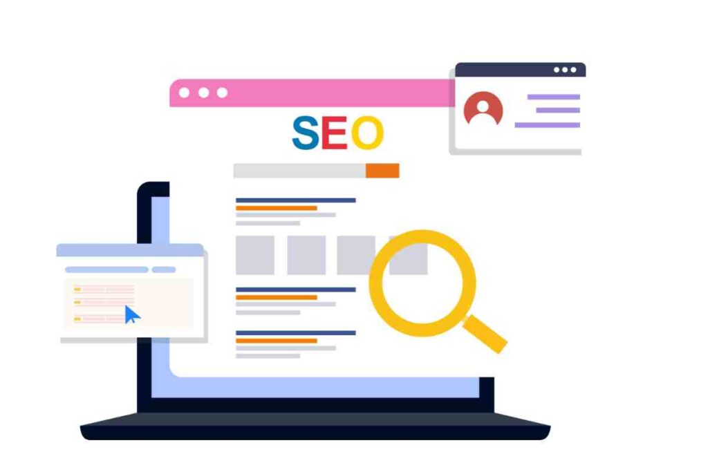 illustrazione di pc con sito web, lente di ingrandimento e seo per parlare della date nei contenuti