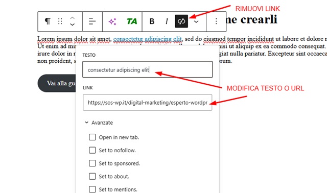 Modifica o rimuovi un link WordPress