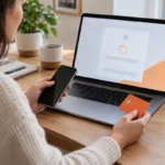 Cliente davanti a un checkout online in caricamento con smartphone e carta senza dati visibili