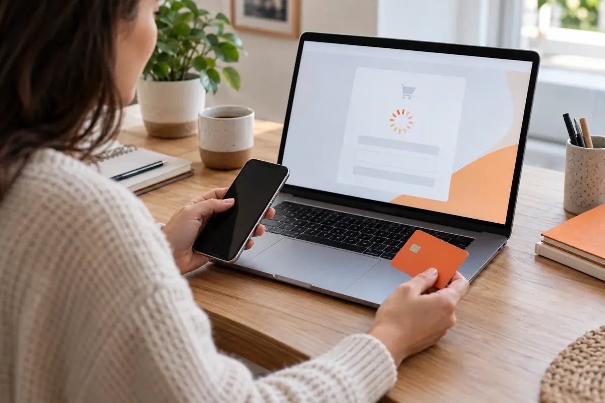 Cliente davanti a un checkout online in caricamento con smartphone e carta senza dati visibili
