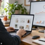 Tecnico al computer analizza le prestazioni di un negozio online