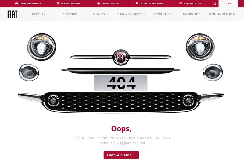 Pagina 404 personalizzata sul sito FIAT