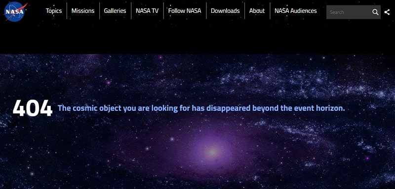 Pagina 404 del sito NASA