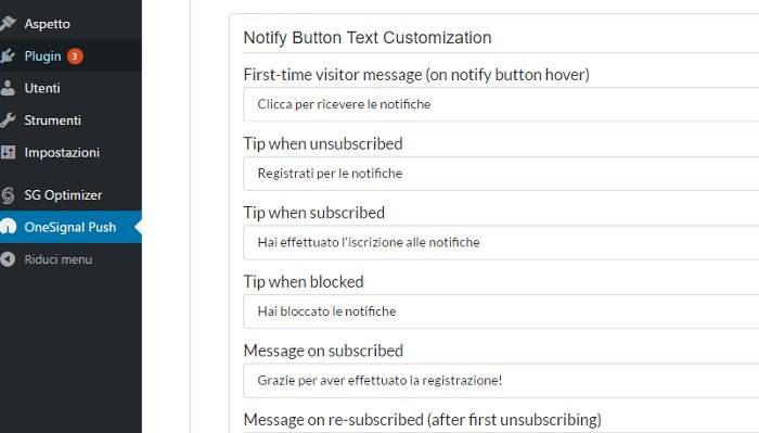 OneSignal notifiche personalizzazione messaggi
