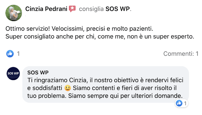 Testimonianza di Cinzia Pedrani per l'assistenza WordPress di SOS WP