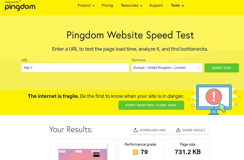 Pingdom Website Speed Test per testare velocità sito web