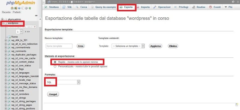 fare il backup del database WordPress