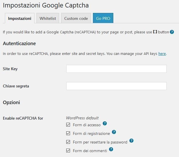 3. Google Captcha (reCaptcha) - opzioni