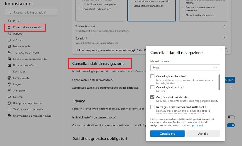 Cancellare i cookie su Microsof Edge