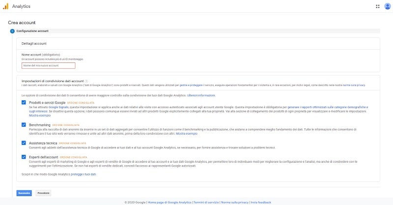 Configurazione account Analytics