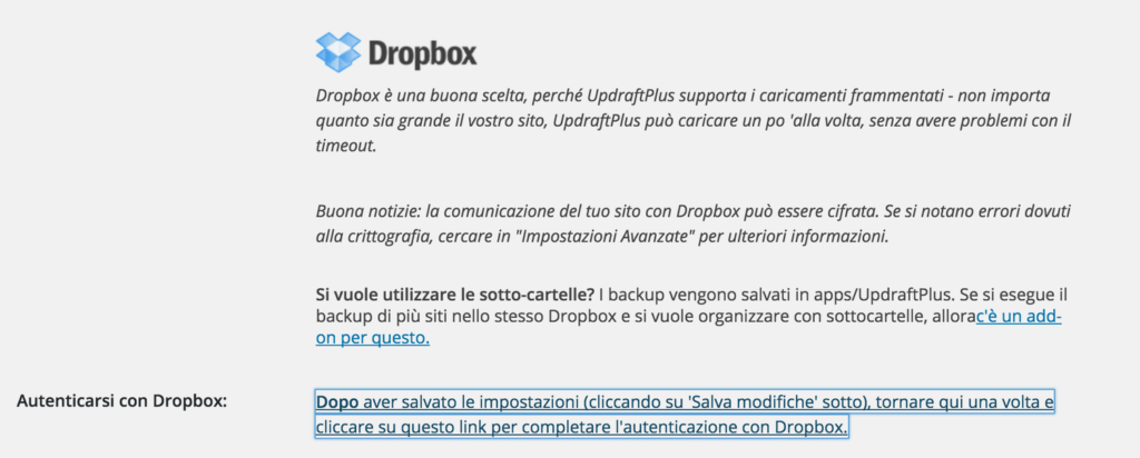 configurazione dropbox updraftplus