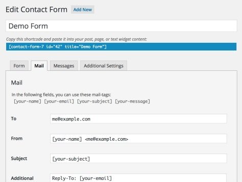 Tab di configurazione mail Contact form 7