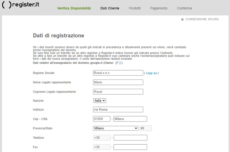 dati registrazione dominio