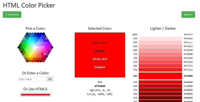 Tabella colori HTML Color Picker W3Schools
