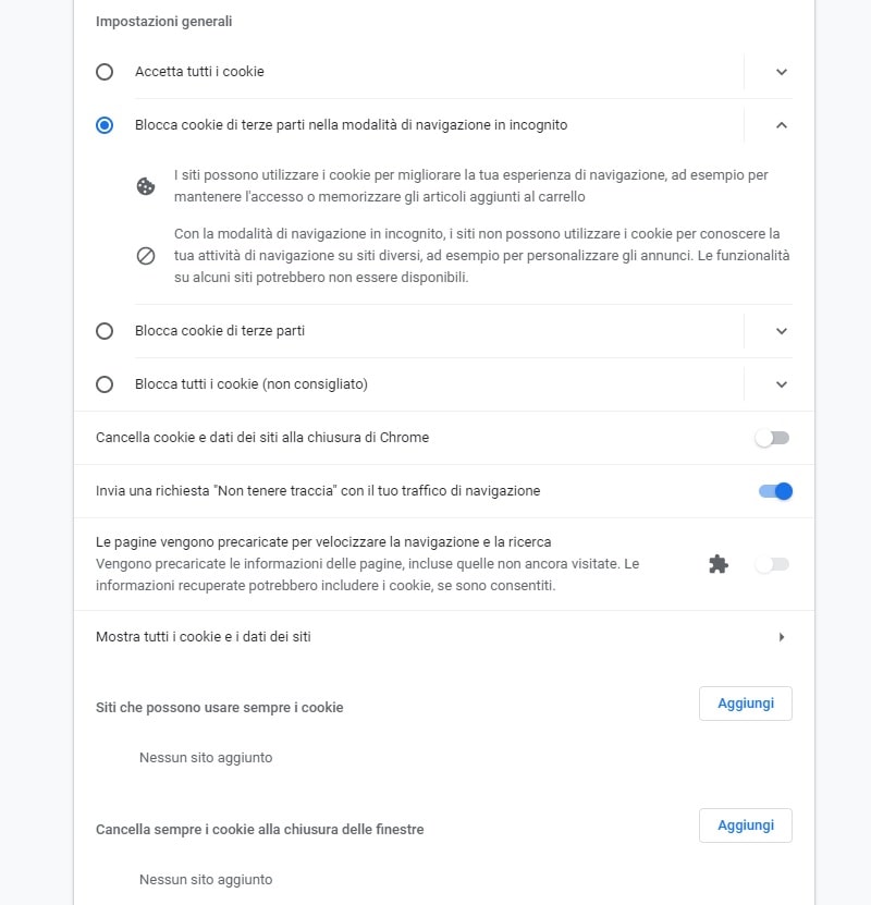 Impostazioni generali cookie Google Chrome