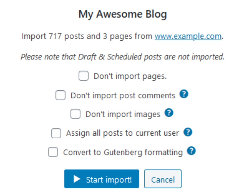 Impostazioni di importazione da Blogger a WordPress