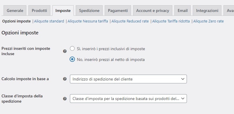 Configurare imposte con WooCommerce