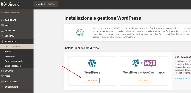Installare WordPress su SiteGround