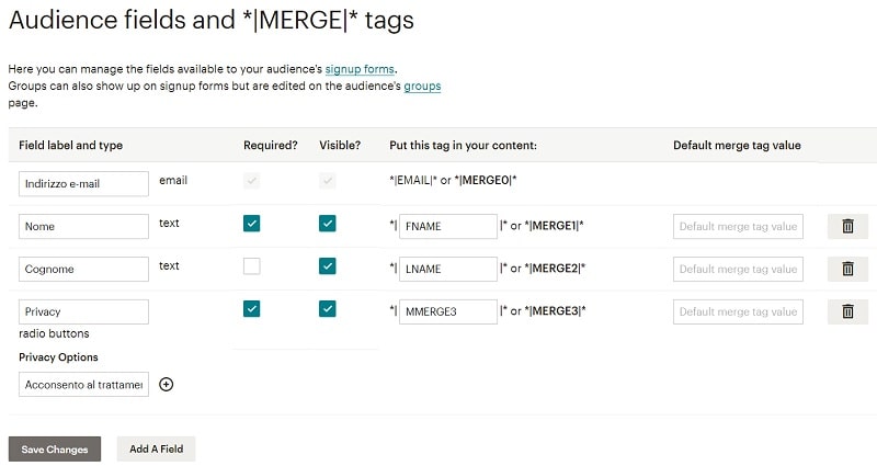 Merge Tags per MailChimp