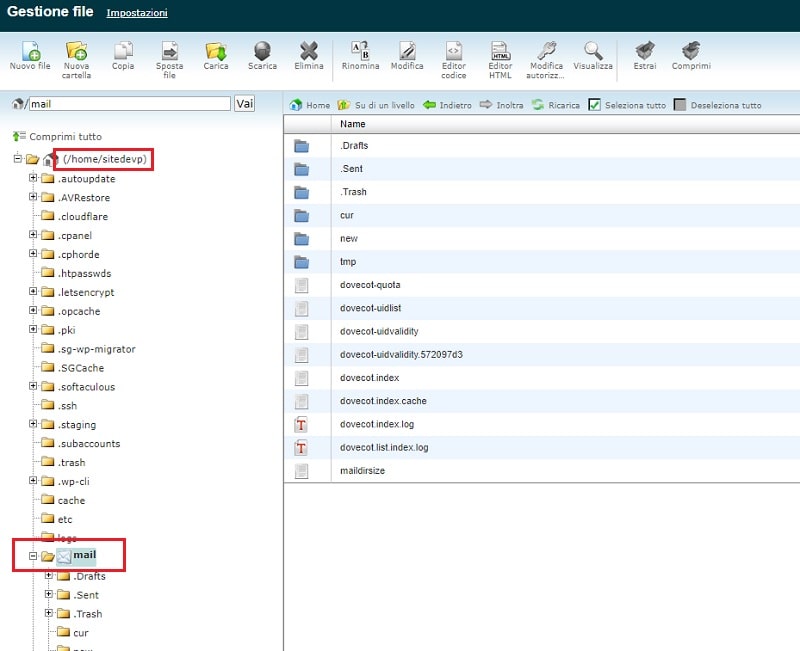 Cartella mail su File Manager in cPanel