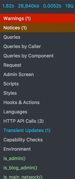 Query Monitor - menu  principale