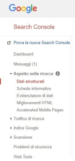 Menu di Google Search Console: dati strutturati