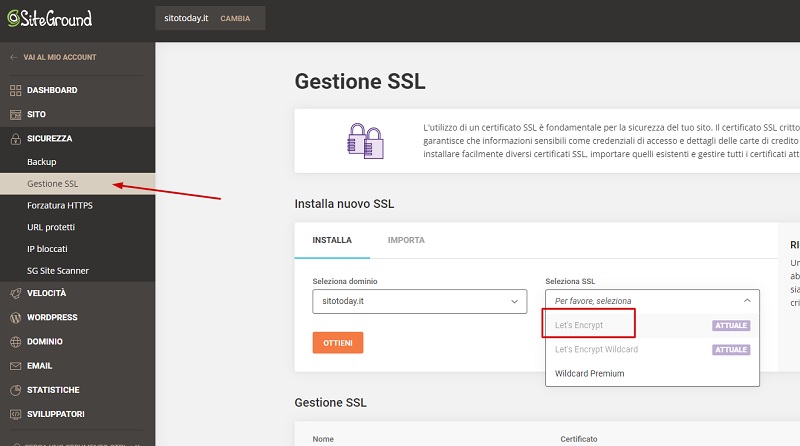 Attivare SSL su SiteGround