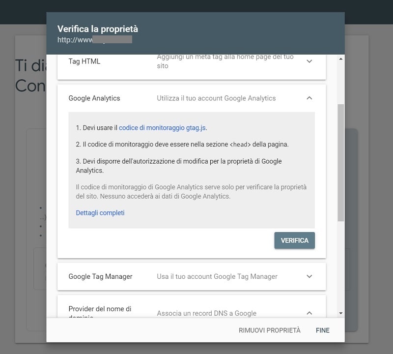 Verifica proprietà Search Console tramite Google Analytics